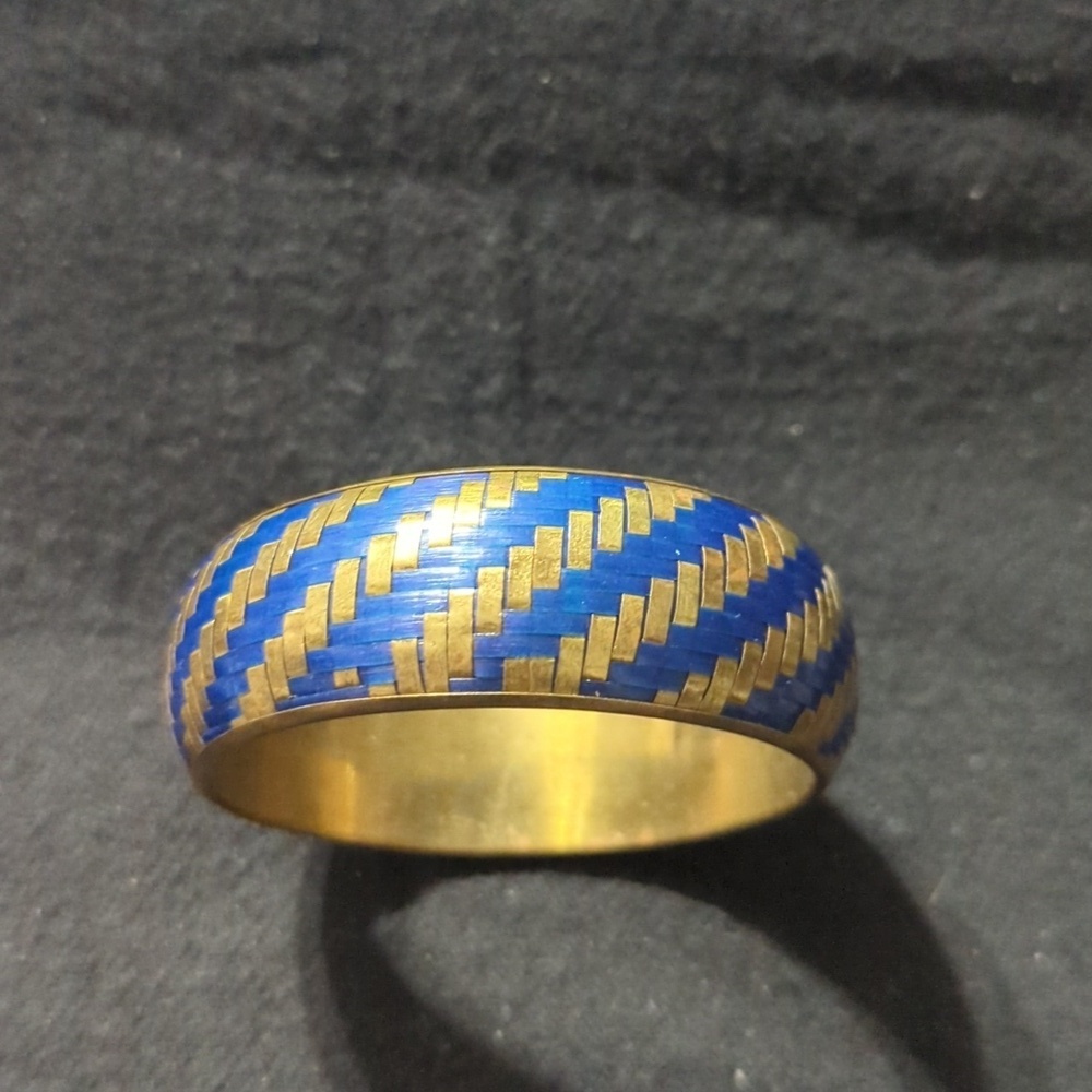 Vintage Brass Tone and Blue Woven Design Bangle Statement Bracelet